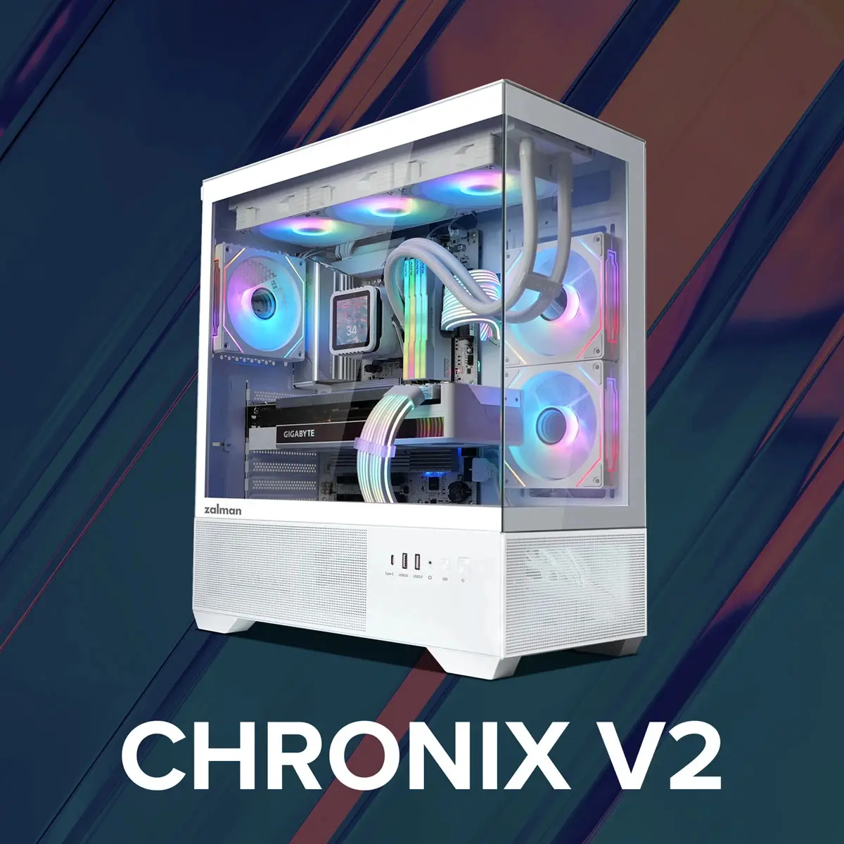 Zalman кутия Case ATX - Chronix WHITE V2 - 3 x 120 mm A-RGB, USB-C, Tempered Glass - image 8