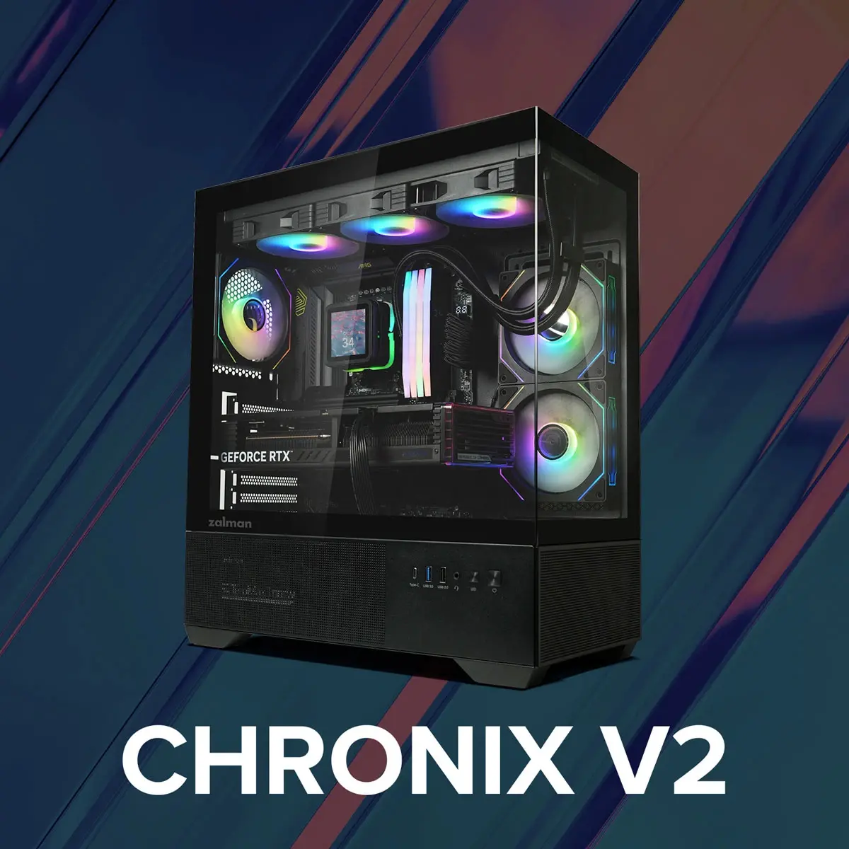 Zalman кутия Case ATX - Chronix BLACK V2 - 3 x 120 mm A-RGB, USB-C, Tempered Glass - image 12