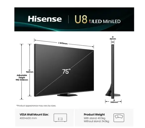 Телевизор, Hisense 75" U8Q, 4K Ultra HD 3840x2160, Mini Led Pro, FALD, Quantum Dot, 165Hz, IPS, HDR 10+, HLG, Dolby Vision IQ, Dolby Atmos, Smart TV,Light Sensor,WiFi 5GHz, WiFi Direct, BT, Anyview Cast, 3xHDMI, 2xUSB, LAN, CI+, DVB-T2/C/S2, Black - image 2