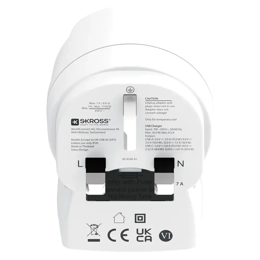 Skross универсален адаптер Europe to UK + 1 x USB A/C порт, 20W 1500283E - image 3