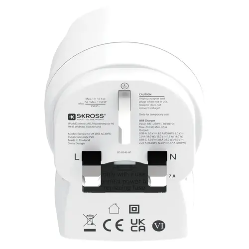Skross универсален адаптер Europe to UK + 1 x USB  A/C порт, 20W 1500283E - image 3