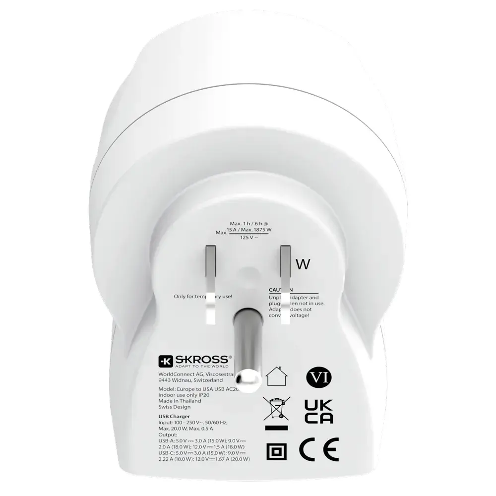 Skross adaptor universal Europe to USA + 1xUSB A/C, 20W , 1500284E - image 2