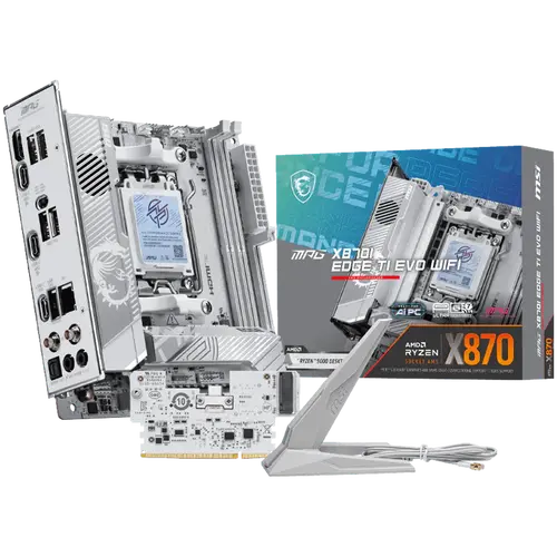 MSI MPG X870I EDGE TI EVO WIFI, mITX, Socket AM5, Dual Channel DDR5 10000+MHz (OC), 1x PCIe x16 slot, 3x M.2 slot, 1x HDMI, 5x USB 3.2 Gen 2, 1x USB 3.2 Gen 2 Type C, 2x USB 40Gbps Type C, Expansion Card, 7.1 HD Audio, 5Gbps LAN, WIFI 7, BT, 3Y
