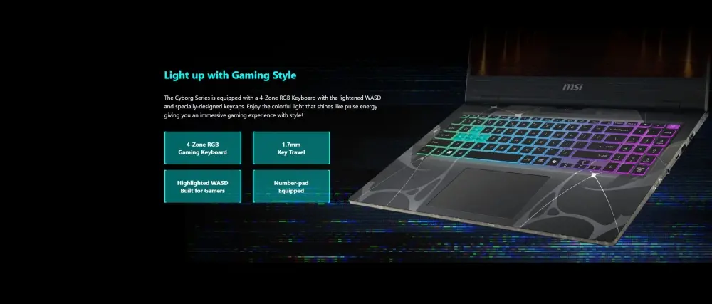 Лаптоп, MSI Cyborg 15 B13WFKG, i7-13620H (10C/16T, up to 4.90GHz, 24 MB), GeForce RTX 5060 8GB GDDR7 572 AI TOPS, 15.6" FHD (1920x1080), 144Hz, IPS-Level, 16GB DDR5 5200MHz, 512GB PCIe Gen4x4 SSD, WiFi 6E, BT 5.3, 4 Zone RGB Kbd, NO OS, 55.2Whr, 2.1kg - image 11