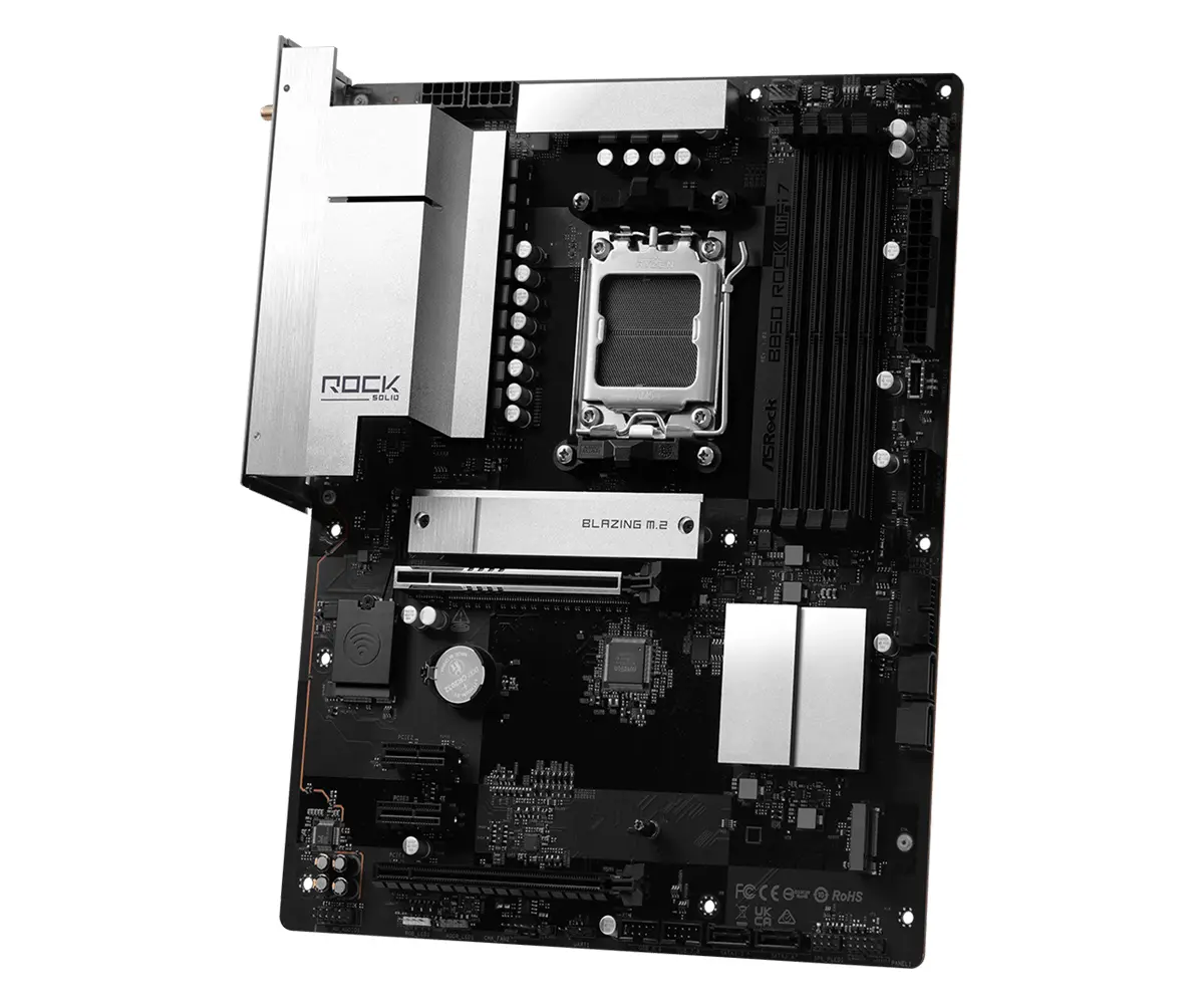 ASROCK MB Desktop B850 Rock WiFi 7, AM5, 4x DDR5, 1x PCIe 5.0 x16, 1x PCIe 4.0 x16, 1x Blazing M.2, 1x Hyper M.2, 4x SATA3, RAID 0, 1, 10, 7.1 CH HD Audio, 1x HDMI, 8x USB 3.2, 8x USB 2.0, 2x USB-C, 2.5G LAN, 2x Wi-Fi 7, BT, 1x HDMI, 1x SPDIF, ATX - image 1