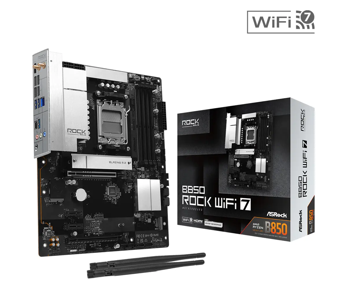 ASROCK MB Desktop B850 Rock WiFi 7, AM5, 4x DDR5, 1x PCIe 5.0 x16, 1x PCIe 4.0 x16, 1x Blazing M.2, 1x Hyper M.2, 4x SATA3, RAID 0, 1, 10, 7.1 CH HD Audio, 1x HDMI, 8x USB 3.2, 8x USB 2.0, 2x USB-C, 2.5G LAN, 2x Wi-Fi 7, BT, 1x HDMI, 1x SPDIF, ATX - image 4