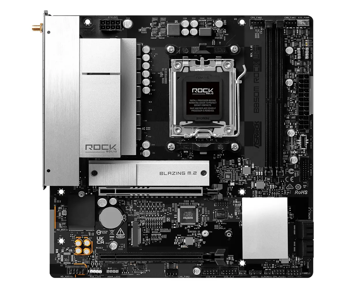 ASROCK Μητρική B850M Rock WiFi 7, AM5, 2x DDR5, 1x PCIe 5.0 x16, 1x PCIe 3.0x16, 1x Blazing M.2, 1x Hyper M.2, 4x SATA3, RAID 0, 1, 10, 7.1 CH