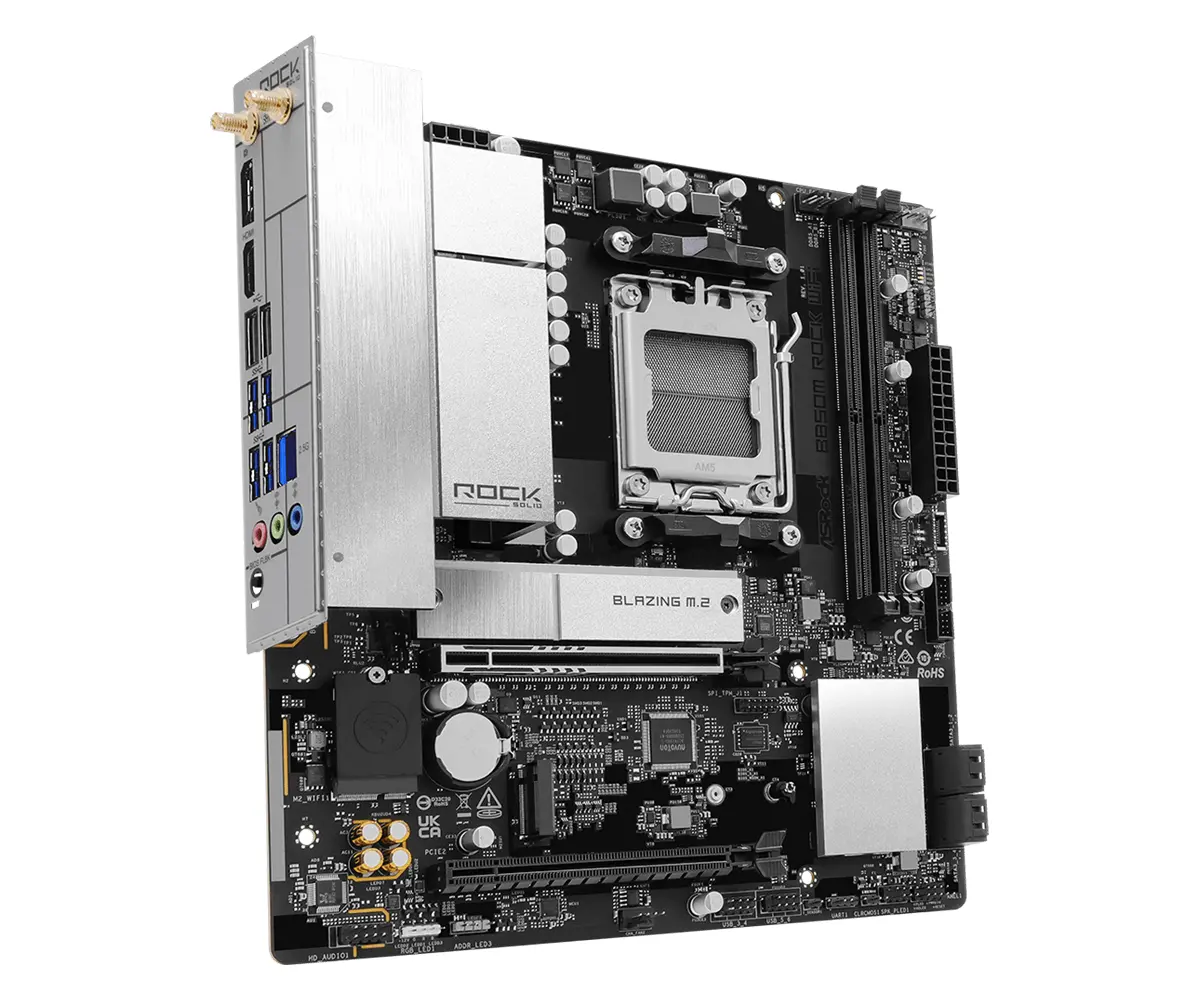 ASROCK MB B850M Rock WiFi 7, AM5, 2x DDR5, 1x PCIe 5.0 x16, 1x PCIe 3.0x16, 1x Blazing M.2, 1x Hyper M.2, 4x SATA3, RAID 0, 1, 10, 7.1 CH HD Audio, 1x HDMI, 6x USB 3.2, 5x USB 2.0, 1x USB-C, 2.5G LAN, 2x Wi-Fi 6E, BT, 1x HDMI, 1x DP, mATX - image 1