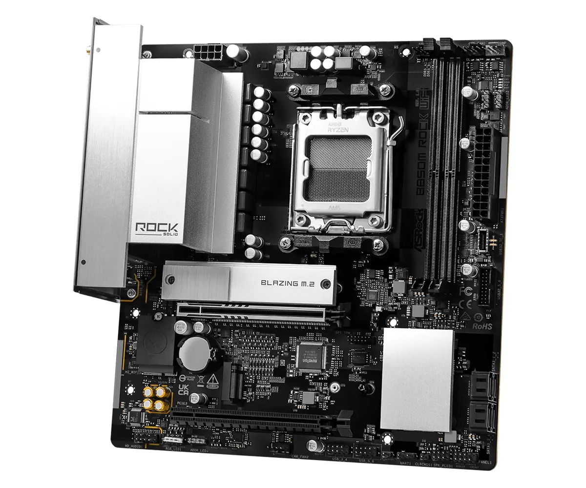 ASROCK MB B850M Rock WiFi 7, AM5, 2x DDR5, 1x PCIe 5.0 x16, 1x PCIe 3.0x16, 1x Blazing M.2, 1x Hyper M.2, 4x SATA3, RAID 0, 1, 10, 7.1 CH HD Audio, 1x HDMI, 6x USB 3.2, 5x USB 2.0, 1x USB-C, 2.5G LAN, 2x Wi-Fi 6E, BT, 1x HDMI, 1x DP, mATX - image 2