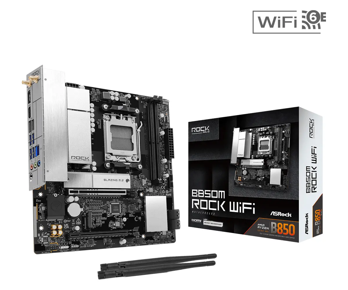 ASROCK MB B850M Rock WiFi 7, AM5, 2x DDR5, 1x PCIe 5.0 x16, 1x PCIe 3.0x16, 1x Blazing M.2, 1x Hyper M.2, 4x SATA3, RAID 0, 1, 10, 7.1 CH HD Audio, 1x HDMI, 6x USB 3.2, 5x USB 2.0, 1x USB-C, 2.5G LAN, 2x Wi-Fi 6E, BT, 1x HDMI, 1x DP, mATX - image 4