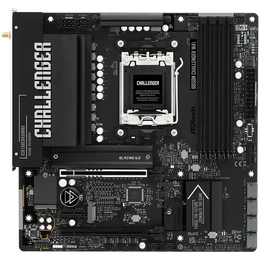 ASROCK MB B850M Challenger WiFi, AM5, 4x DDR5, 1x PCIe 5.0 x16, 1x PCIe 4.0x1, 1x PCIe 4.0x16, 1x Blazing M.2, 1x Hyper M.2, 4x SATA3, RAID 0, 1, 10, 7.1 CH HD Audio, 1x HDMI, 9x USB 3.2, 5x USB 2.0, 1x USB-C, 2.5G LAN, 2x Wi-Fi 7, BT, 1x HDMI, mATX - image 1