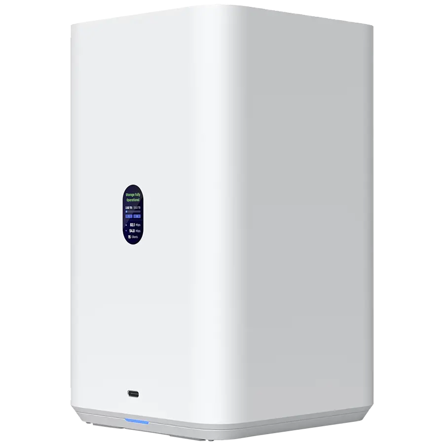 Ubiquiti UniFi UNAS-2-W-EU Network Attached Storage with (2) 3.5inch HDD bays, 2.5 GbE networking, USB-C connectivity, and an included PoE++ adapter, all in a compact footprint