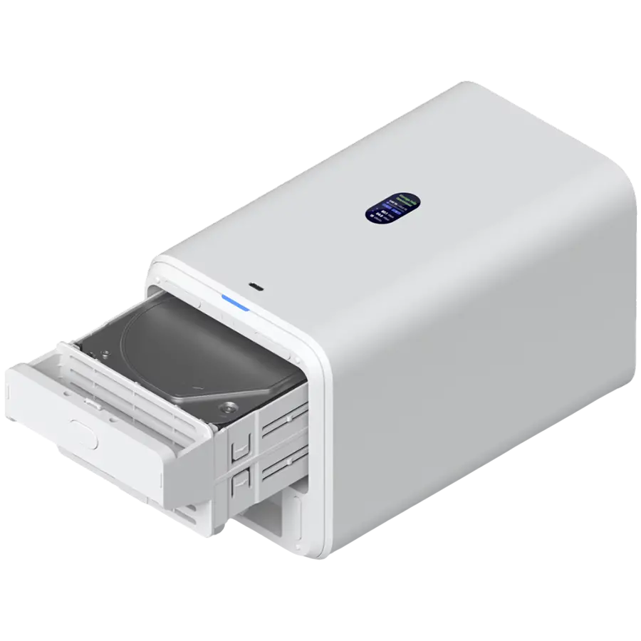 Ubiquiti UniFi UNAS-2-W-EU Network Attached Storage with (2) 3.5inch HDD bays, 2.5 GbE networking, USB-C connectivity, and an included PoE++ adapter, all in a compact footprint - image 1