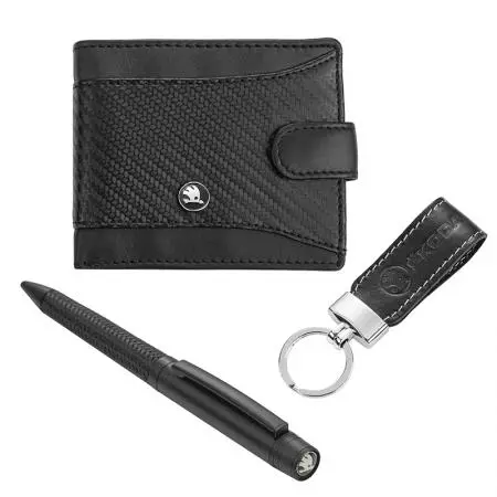 Мъжки комплект химикалка, портфейл и ключодържател Auto Set с логото на Skoda