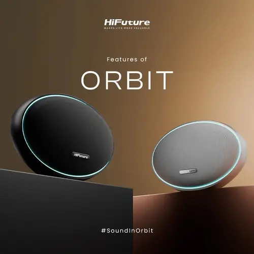 Тонколони, HiFuture ORBIT Silver, 80W Output (Max.power), Built-in Powerful DSP with DynaBoost Technology, Pair to Stereo Sound System (TWS Mode), Wireless 5.4, Orbit Lighting, Aluminum Elegance, Up to 8 Hours Playtime, Support Extension Media Player, Connection: US - image 1