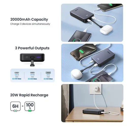 POWER BANK 20 000mAh С ВГРАДЕН КАБЕЛ 22.5W PB505 UGREEN - image 1