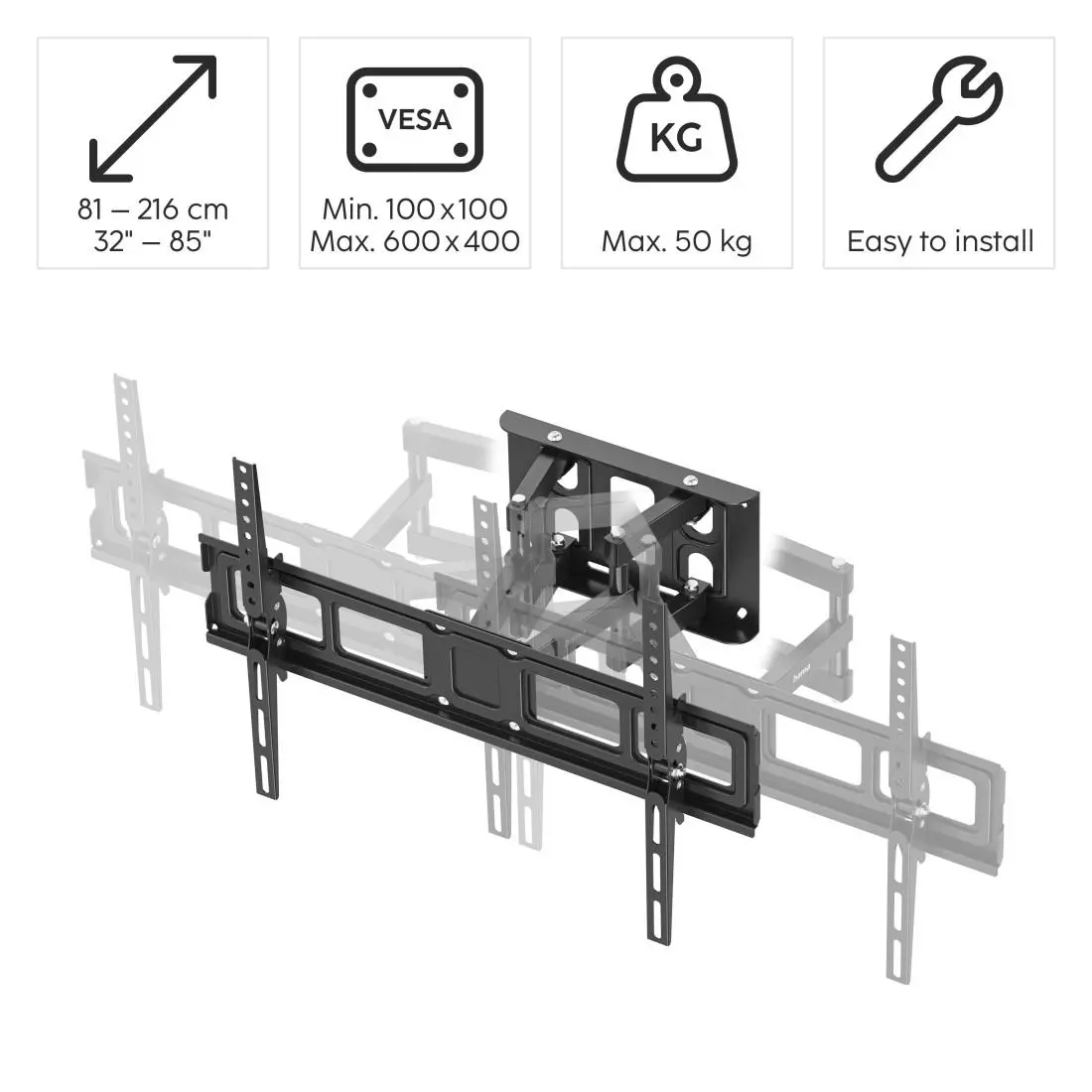 Стенна стойка за TV HAMA, 216 см (85”), до 50 кг, въртяща се, накланяща се, издърпваща се - image 9
