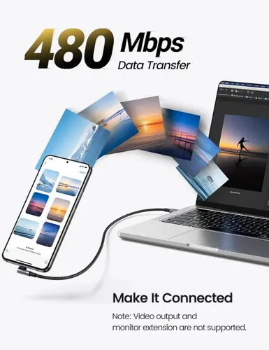 ПЛЕTЕН USB-C/USB-C КАБЕЛ 5А 100W 90 ГРАДУСА ДЪЛЖИНА 2М US334 UGREEN - image 1