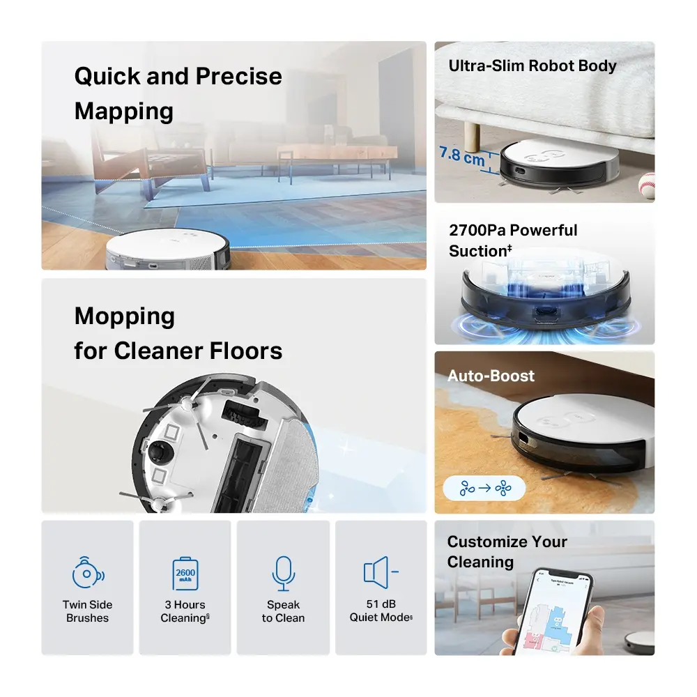 Прахосмукачка робот TP-Link Tapo RV20 Mop, MagSlim LiDAR, 2700pa, 3 часа, 7.8 cm - image 3
