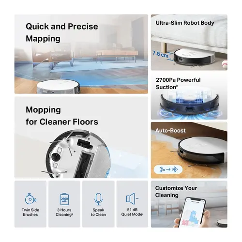 Прахосмукачка робот TP-Link Tapo RV20 Mop, MagSlim LiDAR, 2700pa, 3 часа, 7.8 cm - image 3