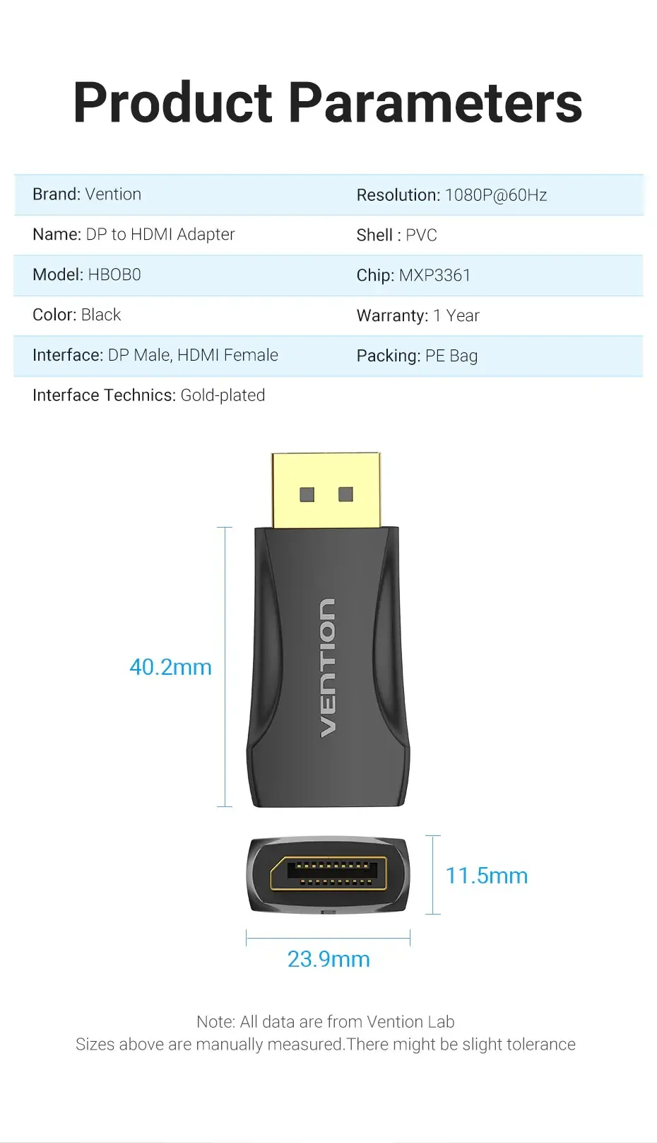 Vention адаптер Adapter DisplayPort DP M / HDMI F Gold plated - HBOB0 - image 7