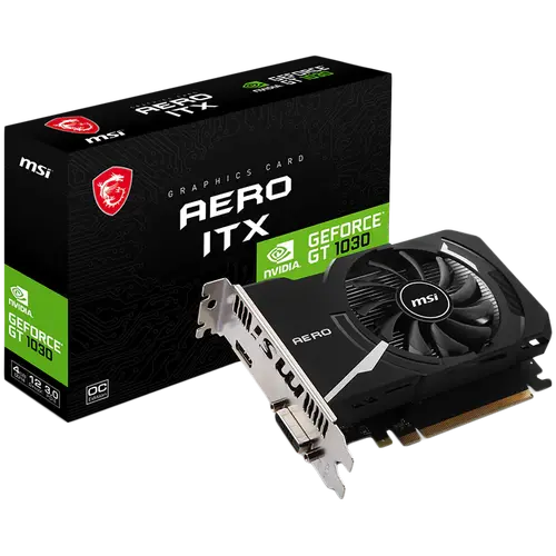 MSI Video Card Nvidia GeForce GT 1030 AERO ITX 4GHD4 OC, 4GB DDR4, 64-bit, 2100MHz Memory Speed, 1430MHz Boost, 384 CUDA Cores, 1x DVI-D, HDMI 2.1, 300W Recommended PSU, 3Y