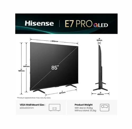 Телевизор, Hisense 85" E7Q Pro, 4K Ultra HD 3840x2160, QLED, Quantum Dot, 144Hz, HDR 10+ adaptive, HLG, Dolby Vision, Hi-Concerto,Dolby Vision Atmos, Smart TV, WiFi 5GHz, WiFi Direct,Light Sensor, BT, Anyview Cast, 4xHDMI, 2xUSB, LAN, CI+, DVB-T2/C/S2, Black - image 1