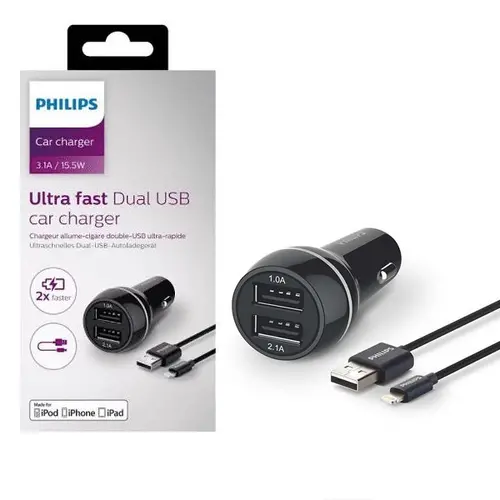 ЗАРЯДНО ЗА АВТОМОБИЛ DLP2357V 2xUSB+Lightin КАБЕЛ PHILIPS - image 1