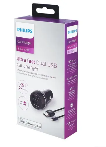 ЗАРЯДНО ЗА АВТОМОБИЛ DLP2357V 2xUSB+Lightin КАБЕЛ PHILIPS - image 2