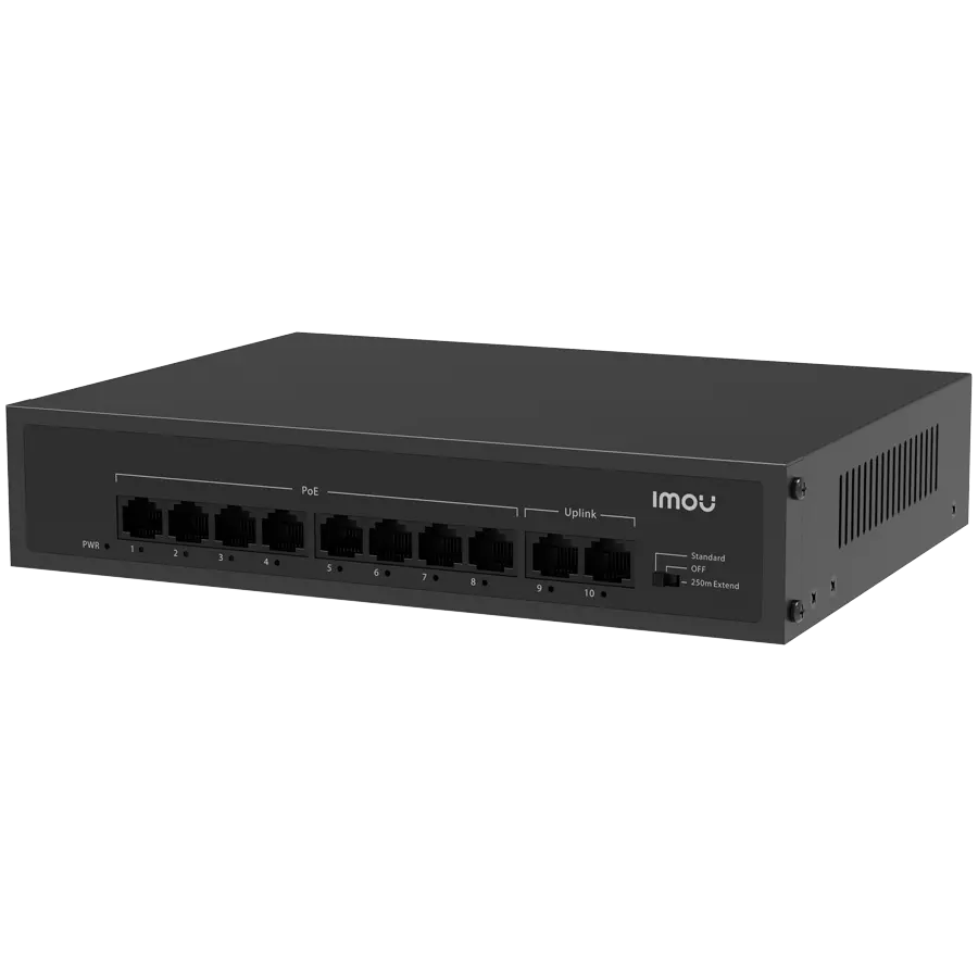 Imou PoE Switch 10 θυρών 100M μη διαχειριζόμενο, 8x PoE 10/100, 2x uplink 10/100, συνολική ισχύς 65W, PoE έως 250m, προστασία από κεραυνούς 4KV