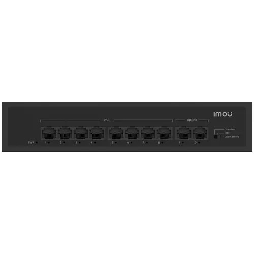 Imou Switch PoE 10 porturi 100M negestionat, 8x PoE 10/100, 2x uplink 10/100, putere totală 65W, PoE până la 250m, protecție la fulgere 4KV - 2