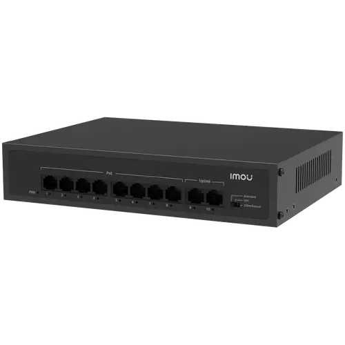 Imou Switch PoE 10 porturi 100M negestionat, 8x PoE 10/100, 2x uplink 10/100, putere totală 65W, PoE până la 250m, protecție la fulgere 4KV - 1