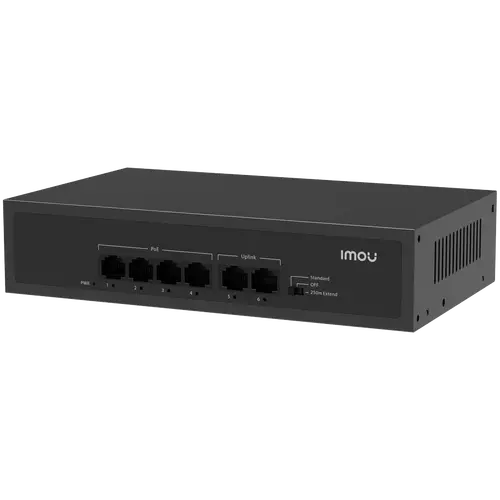 Imou Switch PoE 6 porturi 100M negestionat, 4x PoE 10/100, 2x uplink 10/100, putere totală 45W, PoE până la 250m, protecție la fulgere 4KV - 1