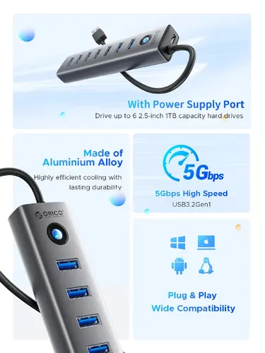 Orico hub USB USB3.0 HUB 7 porturi, negru - CL7U-U3-10-GY-BP - 7