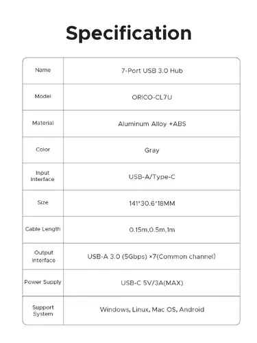 Orico USB hub USB3.0 HUB 7 θυρών, μαύρο - CL7U-U3-10-GY-BP - 10