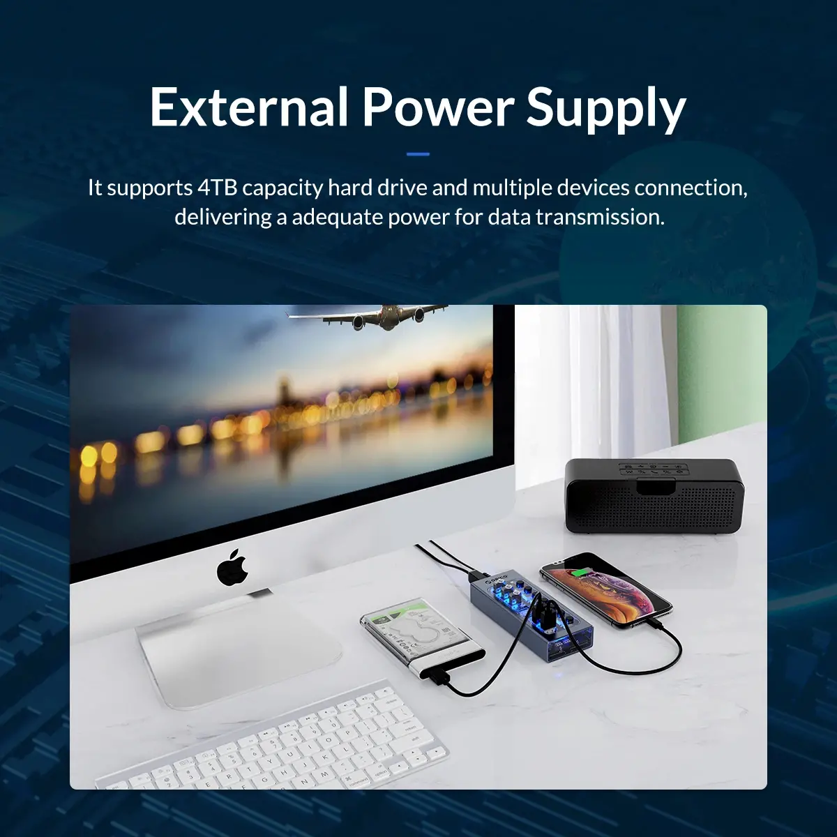 Orico хъб USB3.0 HUB 7 port with Power Adapter, On/Off buttons, Aluminium - AT2U3-7AB-EU-GY - image 10