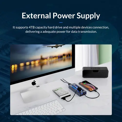 Orico хъб USB3.0 HUB 7 port with Power Adapter, On/Off buttons, Aluminium - AT2U3-7AB-EU-GY - image 10