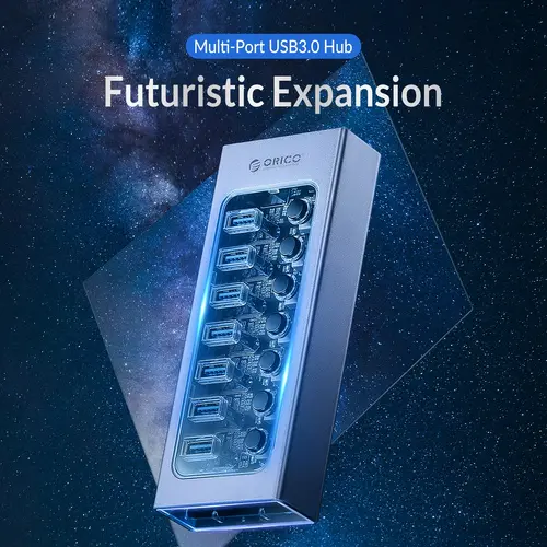 Orico хъб USB3.0 HUB 7 port with Power Adapter, On/Off buttons, Aluminium - AT2U3-7AB-EU-GY - image 13