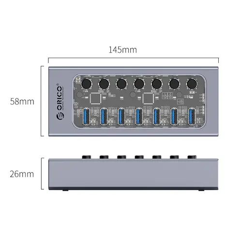 Orico хъб USB3.0 HUB 7 port with Power Adapter, On/Off buttons, Aluminium - AT2U3-7AB-EU-GY - image 15