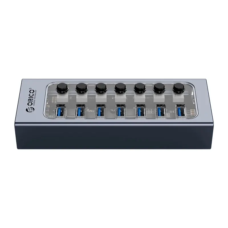 Orico hub USB3.0 HUB cu 7 porturi, cu adaptor de alimentare, butoane On/Off, aluminiu - AT2U3-7AB-EU-GY - image 2