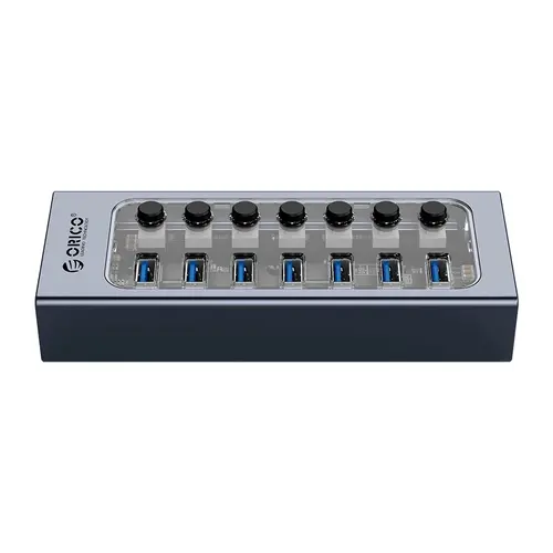 Orico хъб USB3.0 HUB 7 port with Power Adapter, On/Off buttons, Aluminium - AT2U3-7AB-EU-GY - image 2