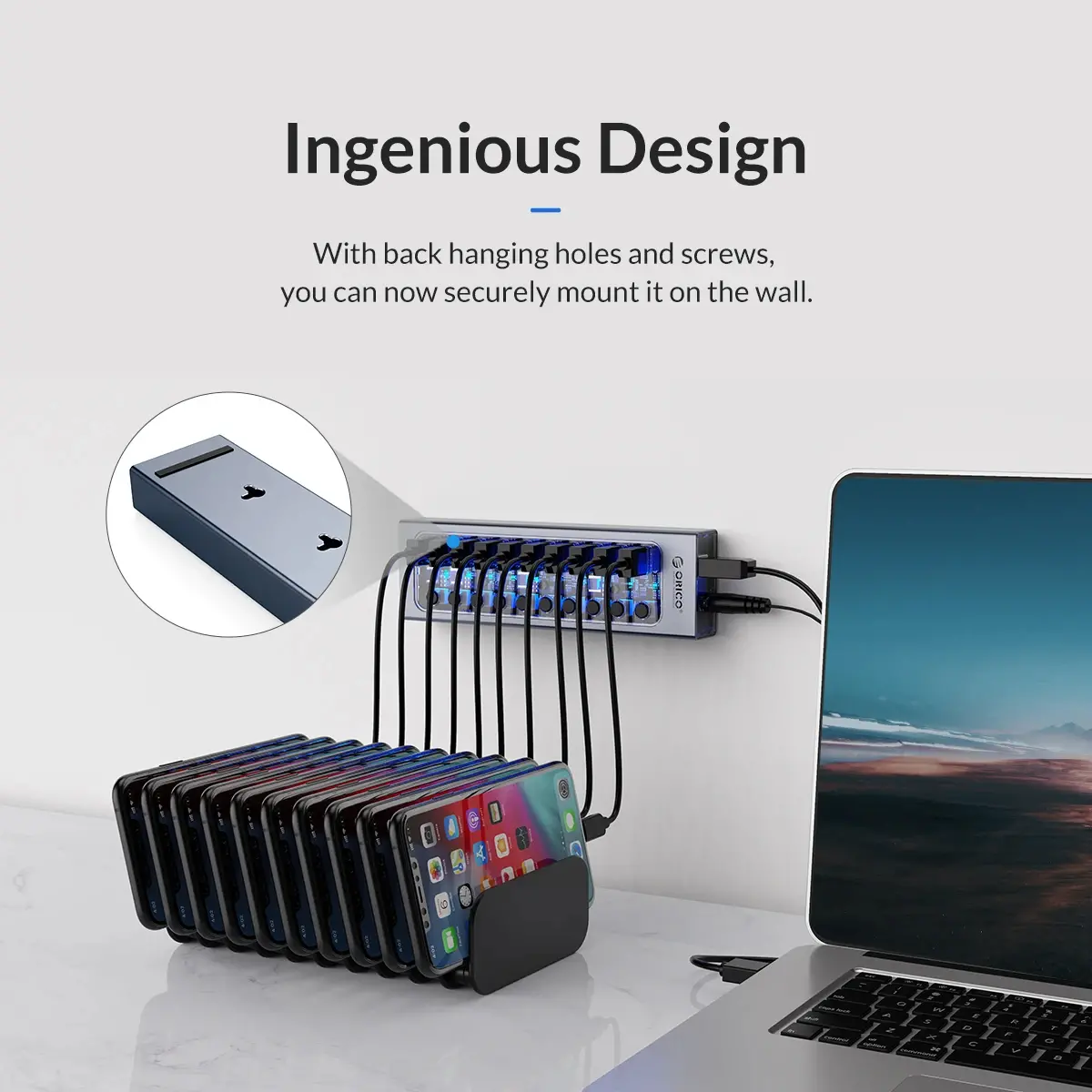 Orico hub USB3.0 HUB cu 7 porturi, cu adaptor de alimentare, butoane On/Off, aluminiu - AT2U3-7AB-EU-GY - image 3