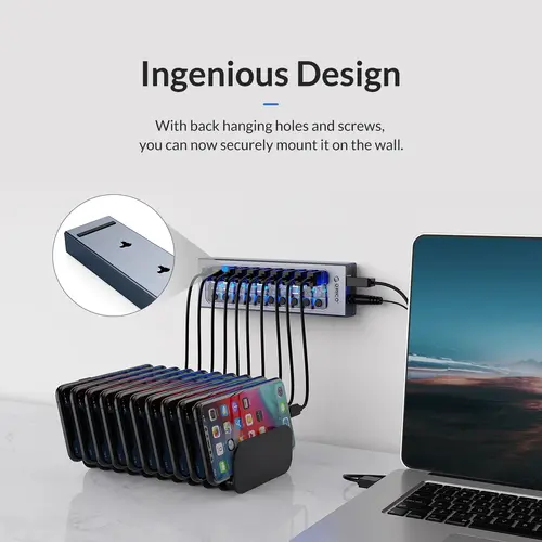 Orico хъб USB3.0 HUB 7 port with Power Adapter, On/Off buttons, Aluminium - AT2U3-7AB-EU-GY - image 3