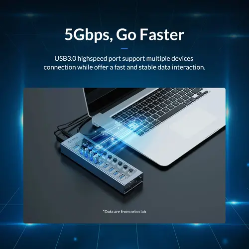 Orico USB3.0 HUB 7 θυρών με τροφοδοτικό, κουμπιά On/Off, αλουμίνιο - AT2U3-7AB-EU-GY - 5