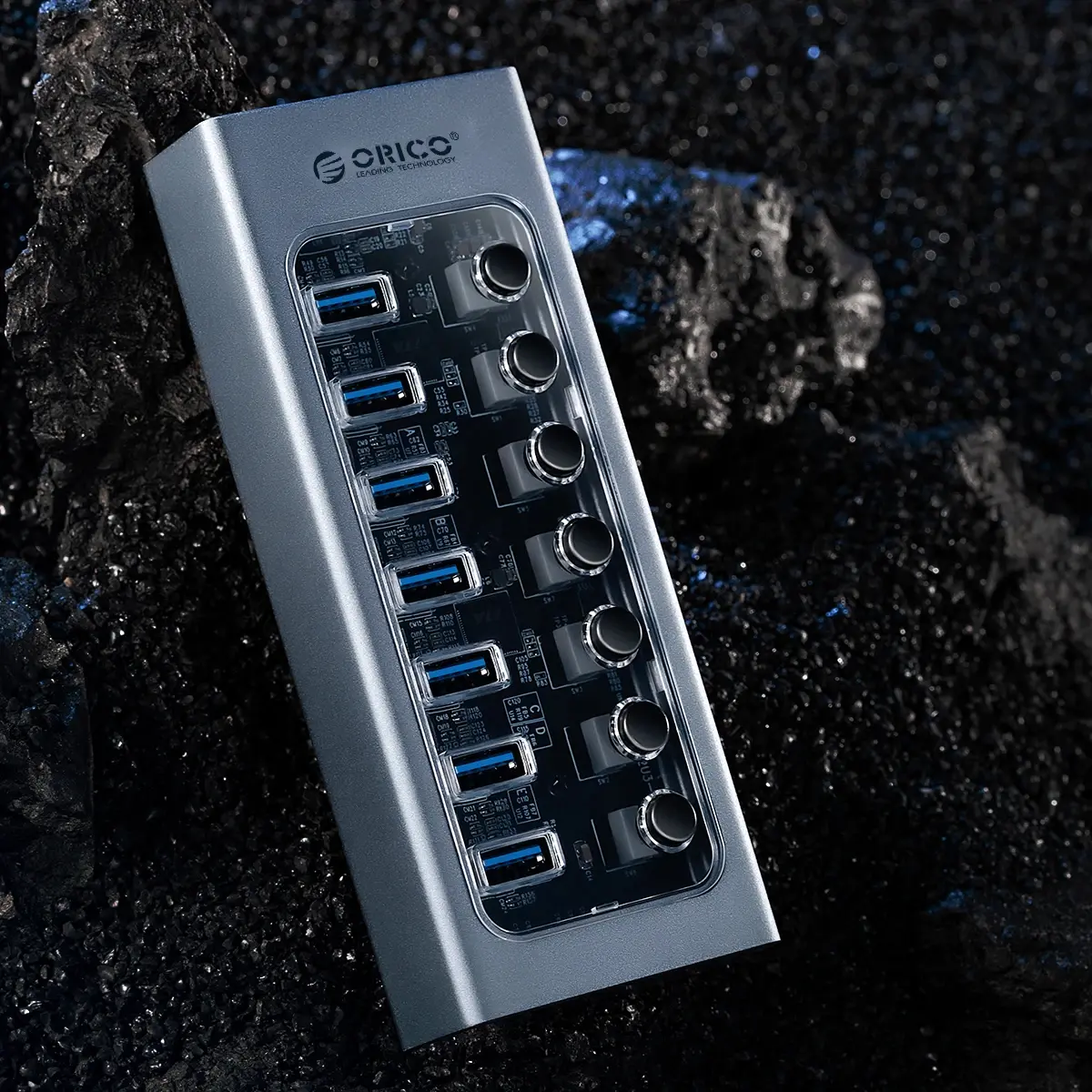 Orico USB3.0 HUB 7 θυρών με τροφοδοτικό, κουμπιά On/Off, αλουμίνιο - AT2U3-7AB-EU-GY - image 7
