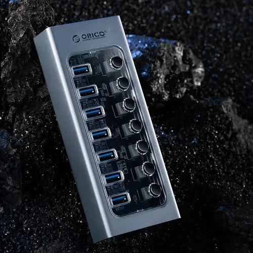 Orico хъб USB3.0 HUB 7 port with Power Adapter, On/Off buttons, Aluminium - AT2U3-7AB-EU-GY - image 7