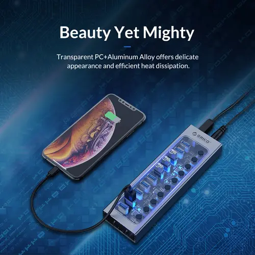 Orico хъб USB3.0 HUB 7 port with Power Adapter, On/Off buttons, Aluminium - AT2U3-7AB-EU-GY - image 8