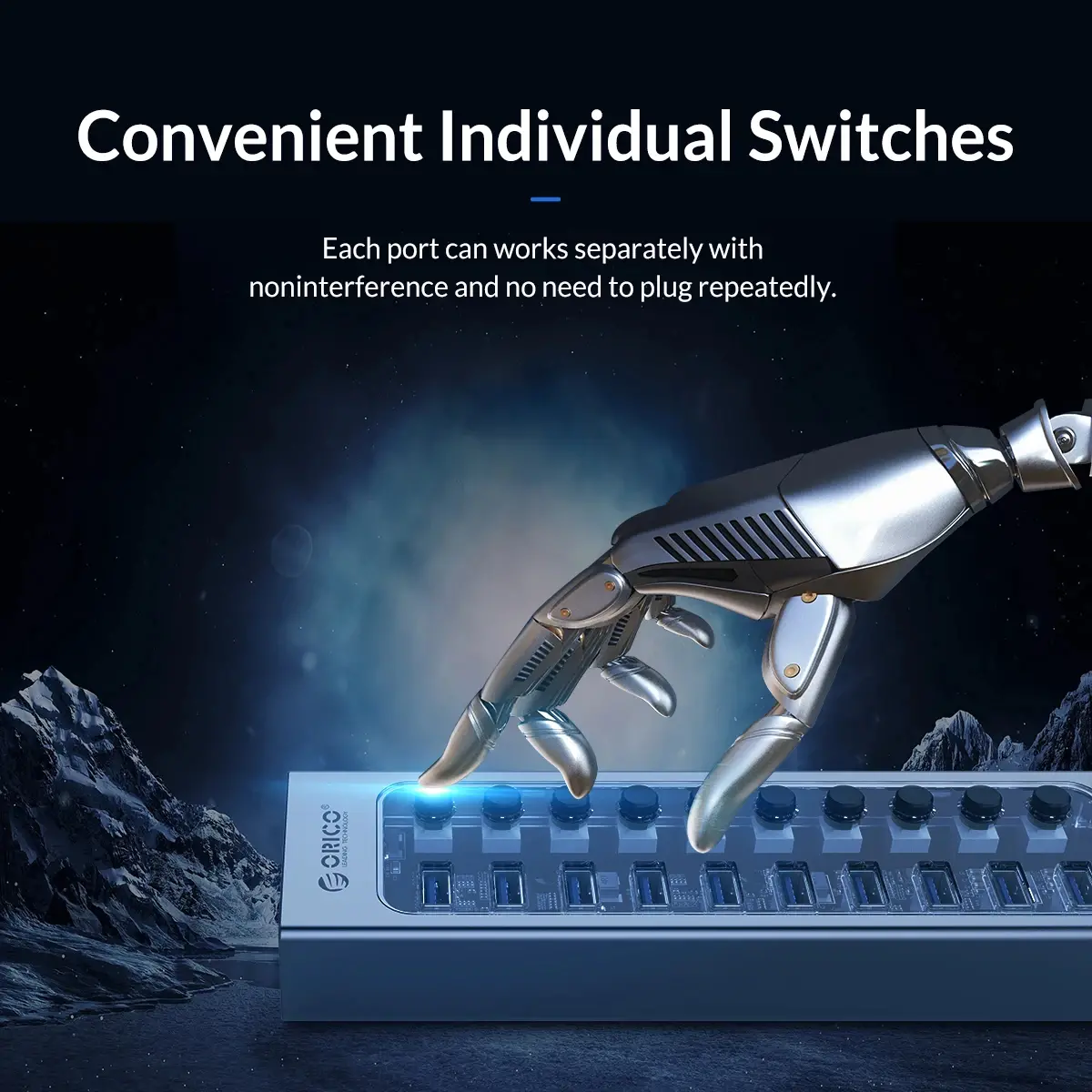 Orico hub USB3.0 HUB cu 7 porturi, cu adaptor de alimentare, butoane On/Off, aluminiu - AT2U3-7AB-EU-GY - image 9