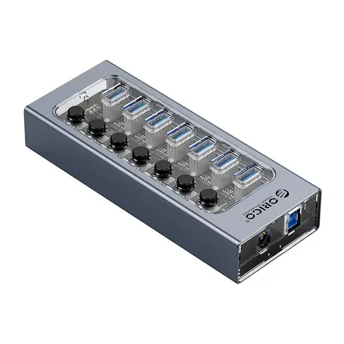 Orico hub USB3.0 HUB cu 7 porturi, cu adaptor de alimentare, butoane On/Off, aluminiu - AT2U3-7AB-EU-GY - 1
