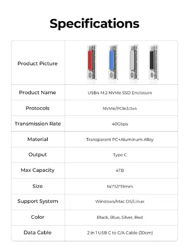 Orico външна кутия за диск Storage - Case - M.2 NVMe M key - 40Gbps, USB-A/USB-C - TCM2-U4-BK-BP - image 12